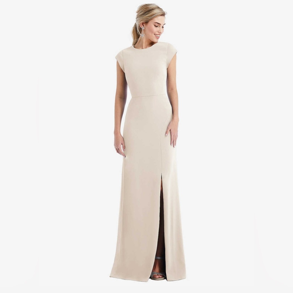 Dessy Group - Cap Sleeve Open-back Trumpet Gown with Front Slit in Oat - Size 4